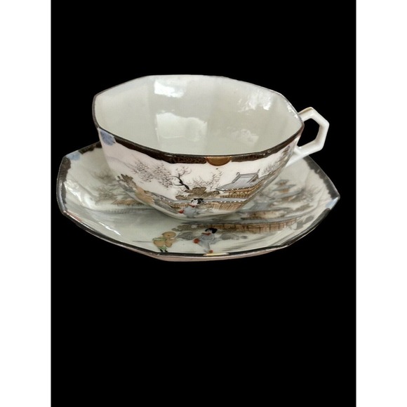 Kutani Egg Shell Porcelain Octagon Mountain Village Cup and Saucer Meiji Period - Picture 6 of 8